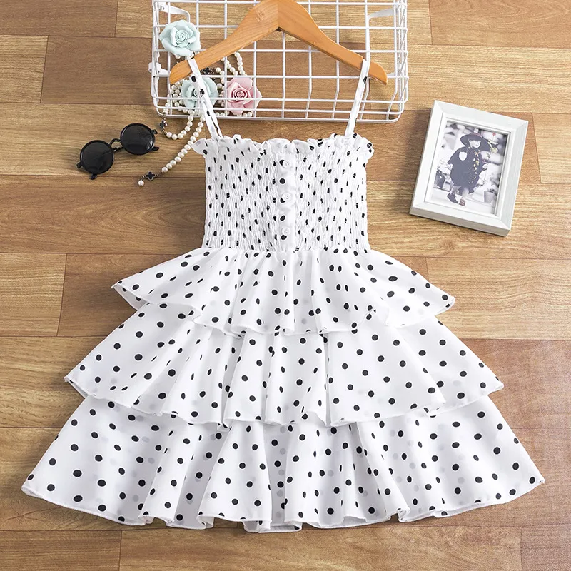 2-7 Jahre Mädchen Kleider 2021 Sommer Dot Spaghetti Strap Prinzessin Geschichteten Kuchen Kleid Kinder Kleidung Kinder Kleidung Mädchen kleider