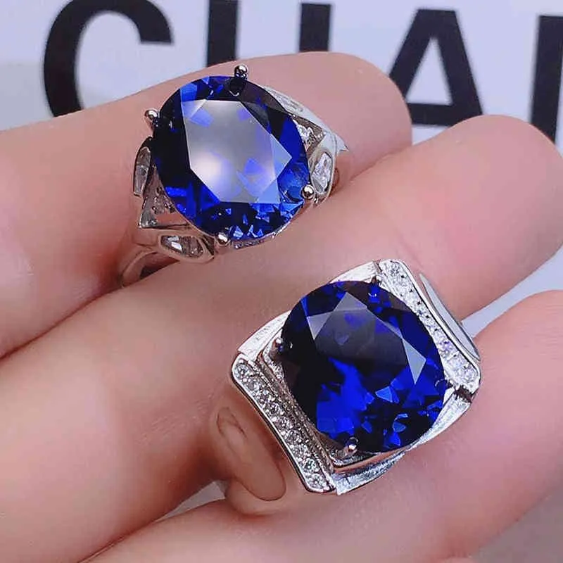 Blue crystal sapphire gemstones diamonds rings for men women couple white gold silver color jewelry bijoux bague wedding gifts