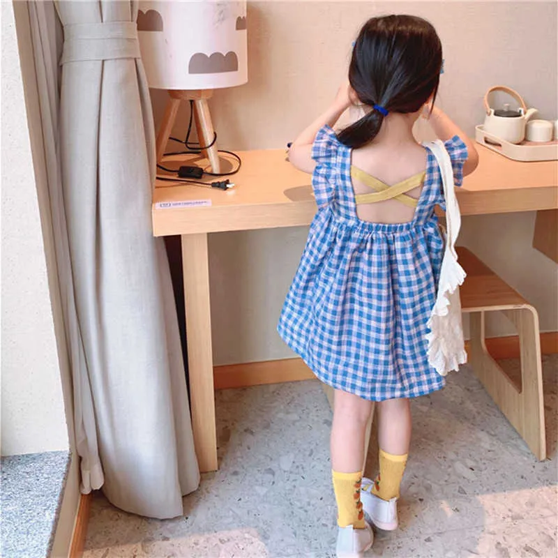 Korean style summer girls flying sleeves plaid princess dresses children Cross backness Thin dress 210615