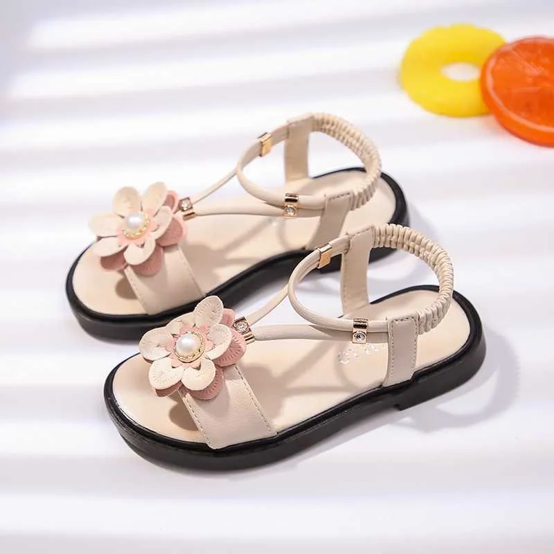 Sandálias sandálias sandálias meninas infantis sandálias princesas doces florestas sapatos de praia de verão novo macio doce floral com pérola 26-36