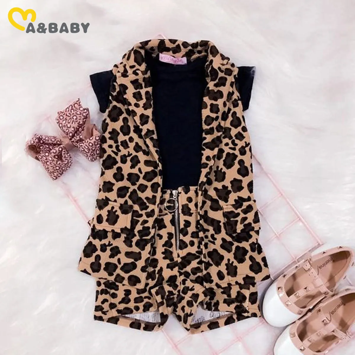 1-6y verão criança criança meninas leopard roupas definir preto camiseta waistcoat shorts outfits chidlren trajes 210515