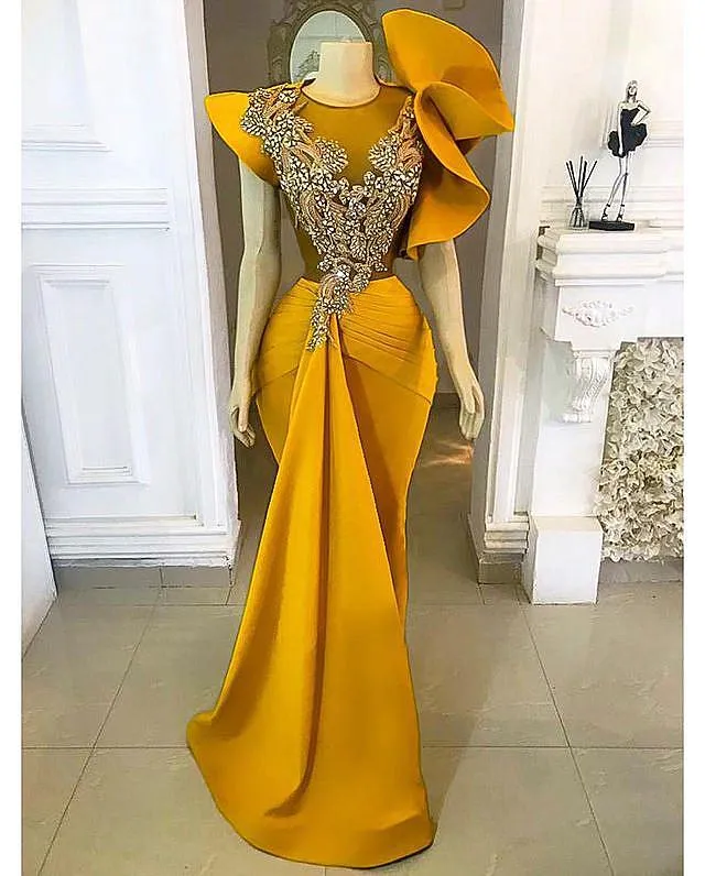 Cristaux De Luxe Jaune Sirène Robes De Bal 2021 Satin Sexy Illusion Corsage Sur Mesure Designer Jewel Cou Froncé Plis Plus La Taille Robe De Soirée Robe Vestidos