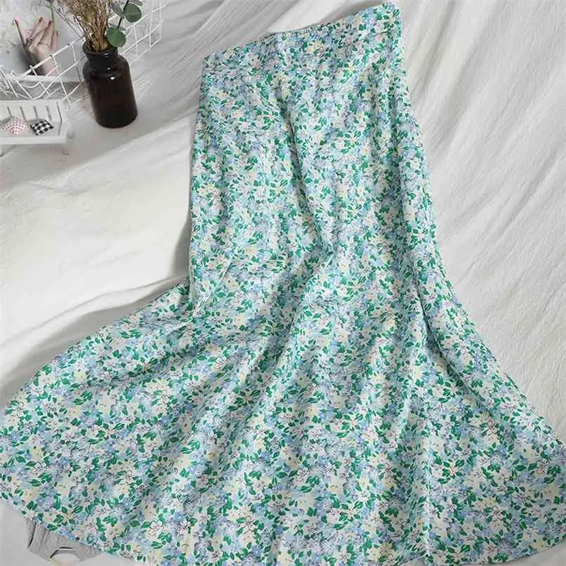 Chiffon Rok Dames Hoge Taille Groene Floral Lange A-Lijn Vintage Elegante Geplooide Maxi Summer Beach Draag vakantie 210529