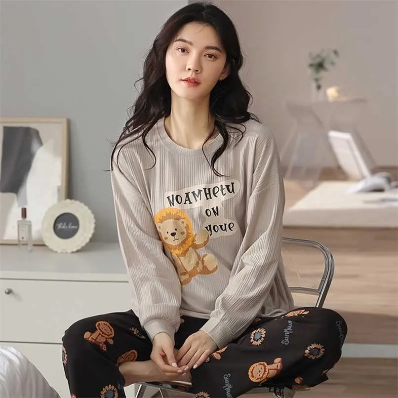 M L XL XXL 3XL 4XL 5XL Long Sleeve Women Nightwear Sleepwear Cotton Nightwear Sets Autumn Pajamas Women Pyjamas 211112