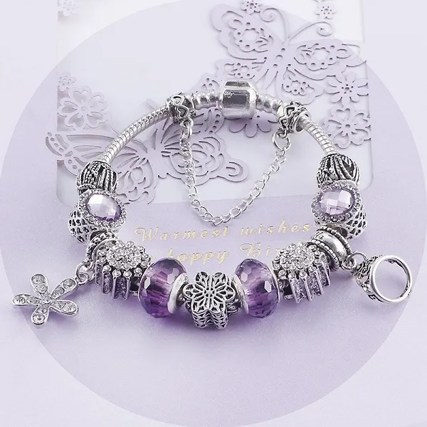 Moda 925 Sterling Srebrny Purple Crystal Murano Lampwork Glass European Charm Kulki Pięć płatków kwiat Koron Dangle pasuje do Pandora Bracelets Naszyjnik B8