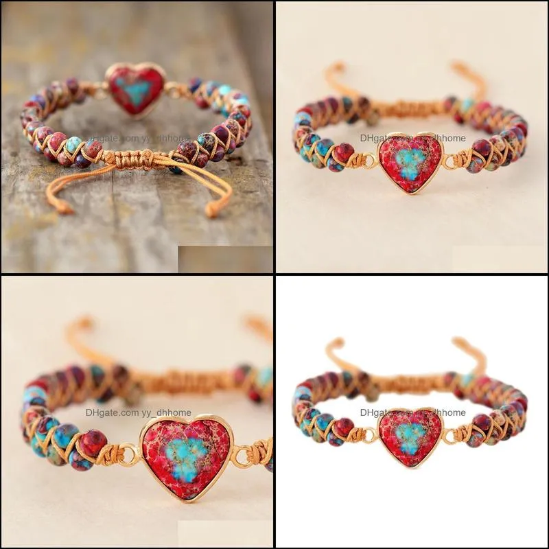 Beaded, Strands Natural Stone Heart Charm Bracelets String Braided Macrame Friendship Wrap Bracelet Women Jewelry