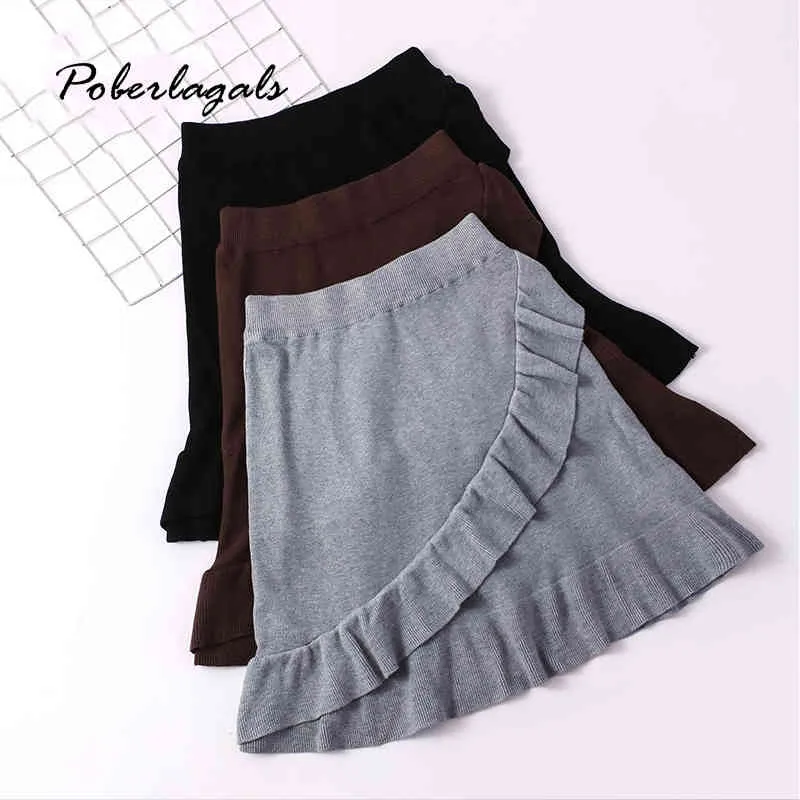 Autumn winter women knitting skirt Womens lady knit Retro Grey Irregular ruffled pleated A-line hip Skirt female skirts 210420