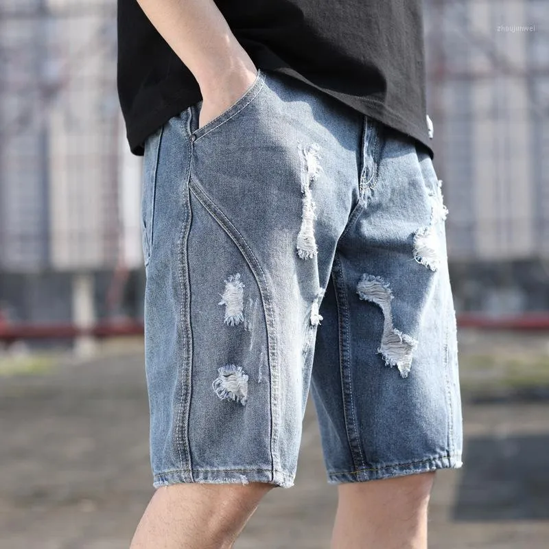 Sommer Denim Shorts Hohe Qualität Lose Gerade Trendy Mode Marke Kleidung Männer Kurze Homme Loch Jeans männer