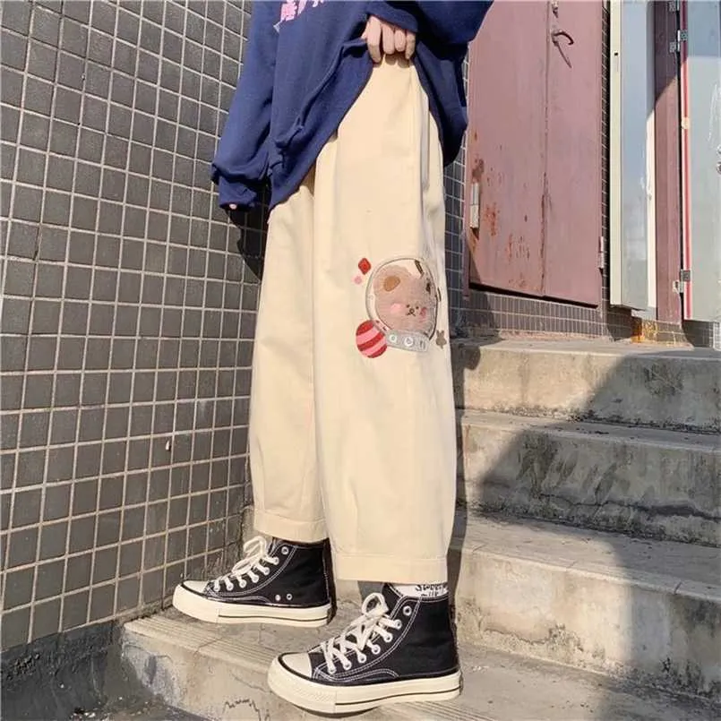 Houzhou Harajuku Beżowe spodnie Kawaii Soft Girl Aesthetic Cartoon Proste Oversize High Paist Cute Japan Style Spodnie Kobiety 211105