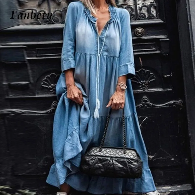 Casual Dresses Women Autumn Solid Denim Maxi Dress 2021 Elegant V Neck Lady Long Vintage Three Quarter Sleeve Party Vestidos