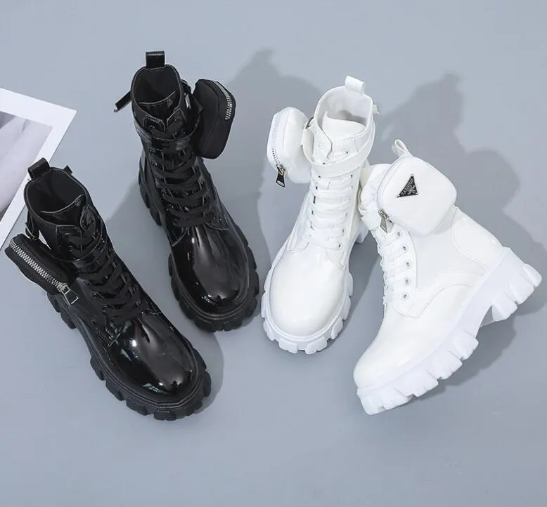Woman Glossy Plus Size Boots Pocket Strap With Bright Personality Style Chunky Lace Up Ankle For Women Autumn Round Toe Combat Black White Platform