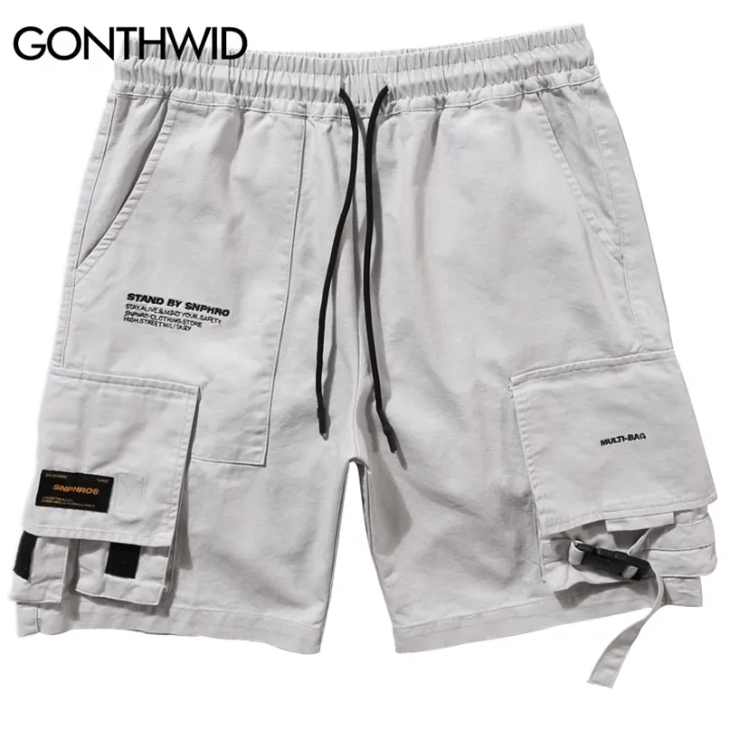 Gonthwid Side Buckle Multi Fickor Cargo Shorts Mens Mode Casual Short Trousers Streetwear Hip Hop Elastic Waist Pants 210713