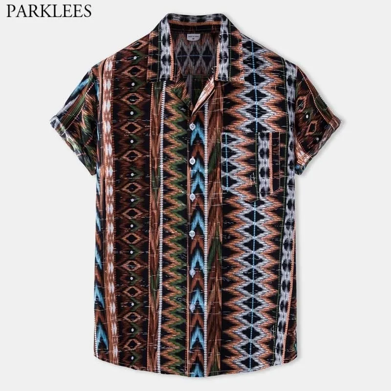 Motif folklorique ethnique Pring Chemise hawaïenne Hommes Mode Manches courtes Beach Wear Chemises Mens Bouton Down Tropical Aloha Chemise 210522