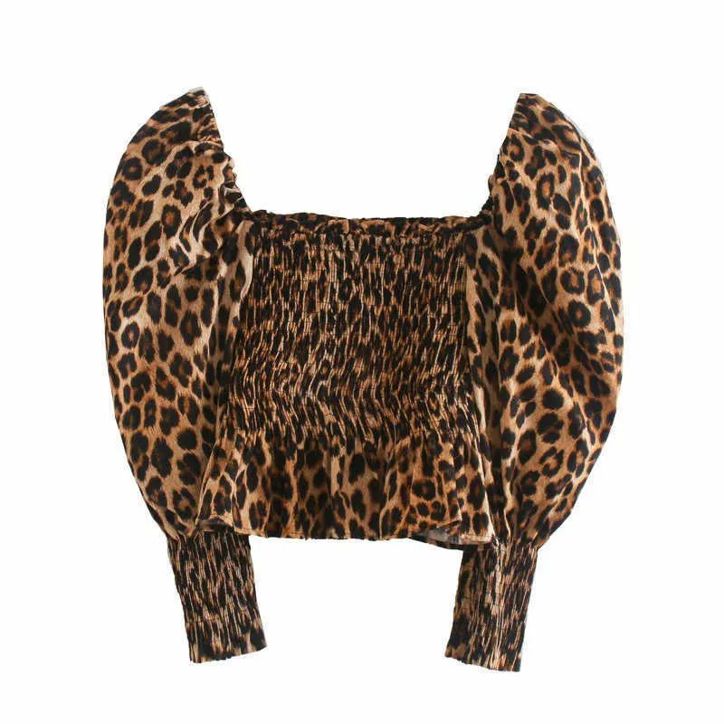 Leopard Print Stretchy Zaブラウス女性Puffスリーブシャツスモーク弾性ディテールフリル裾ビンテージカジュアル女性トップ210602