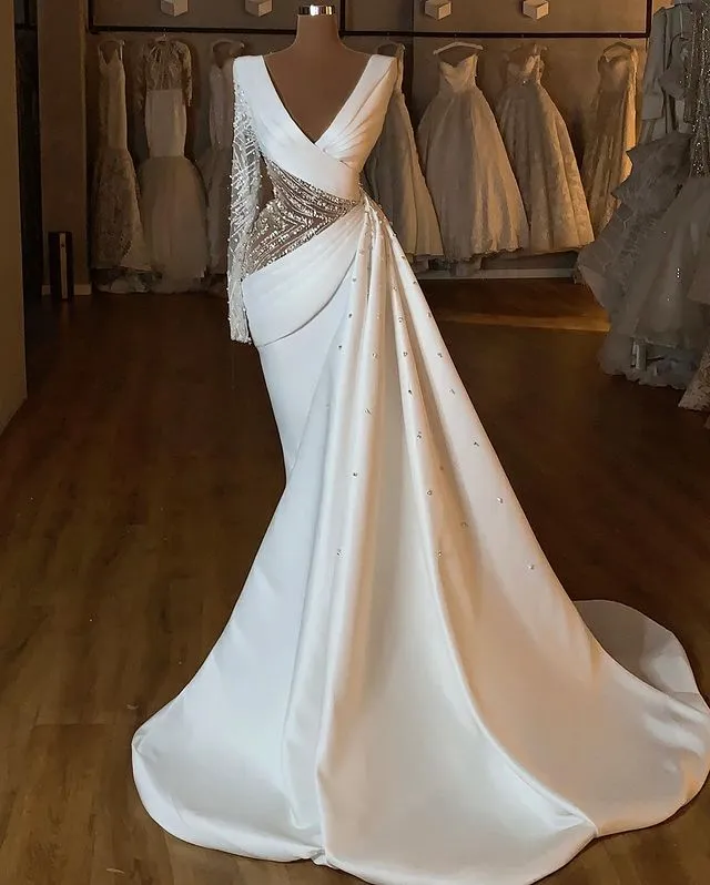 Arabic Aso Ebi 2021 Mermaid Beaded Crystals Wedding Gowns Deep V-neck Long Sleeves Satin Bridal Dresses ZJ475