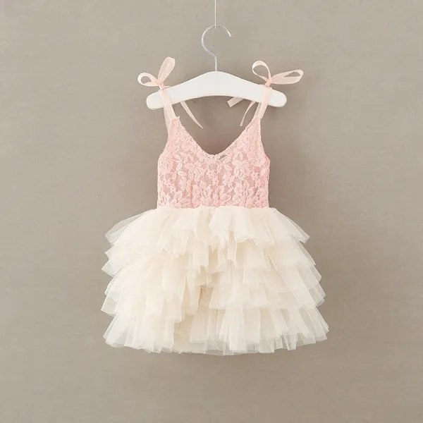 Lato Nowa Moda Flower Girl Dress Pink Ivory Lace Mesh Tulle Wedding Party Dress Princess Strap Tutu Dresses 2-7y Q0716