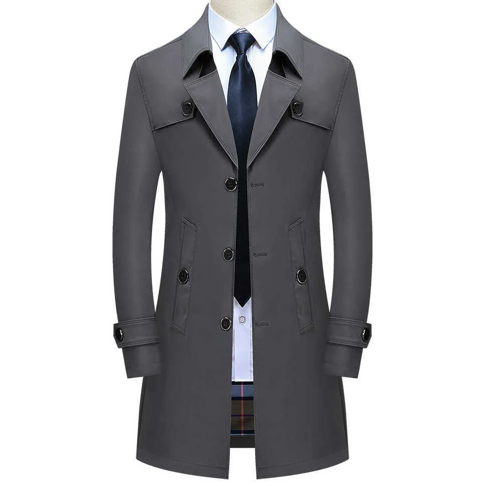 Thoshine Brand Spring Осень Мужчины Длинные Траншиные Пальто Управляющие Кнопки Улучшенные Качества Мужской Модный Верхний Куртки Ветер Breaker Plus Размер 211011