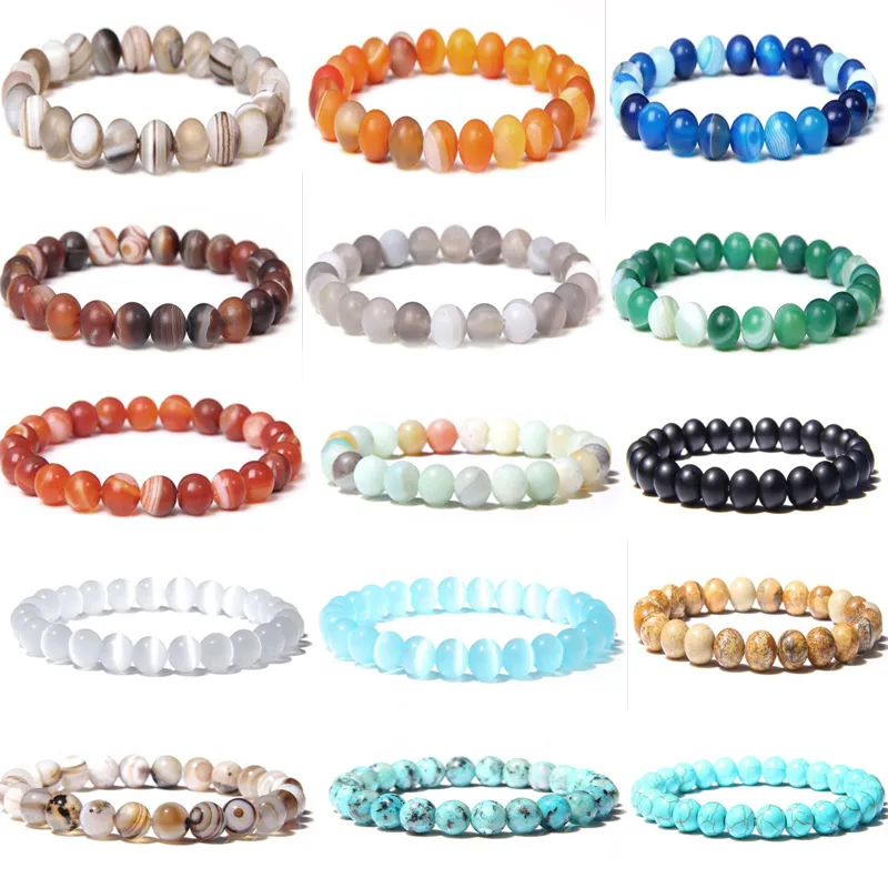 8MM Fashion Beaded Strands Natural Stone Healing Crystal Stretch Beads Bracelet Women Men Handmade Precious Gemstone Round Bracelets Jewelry 30 colors