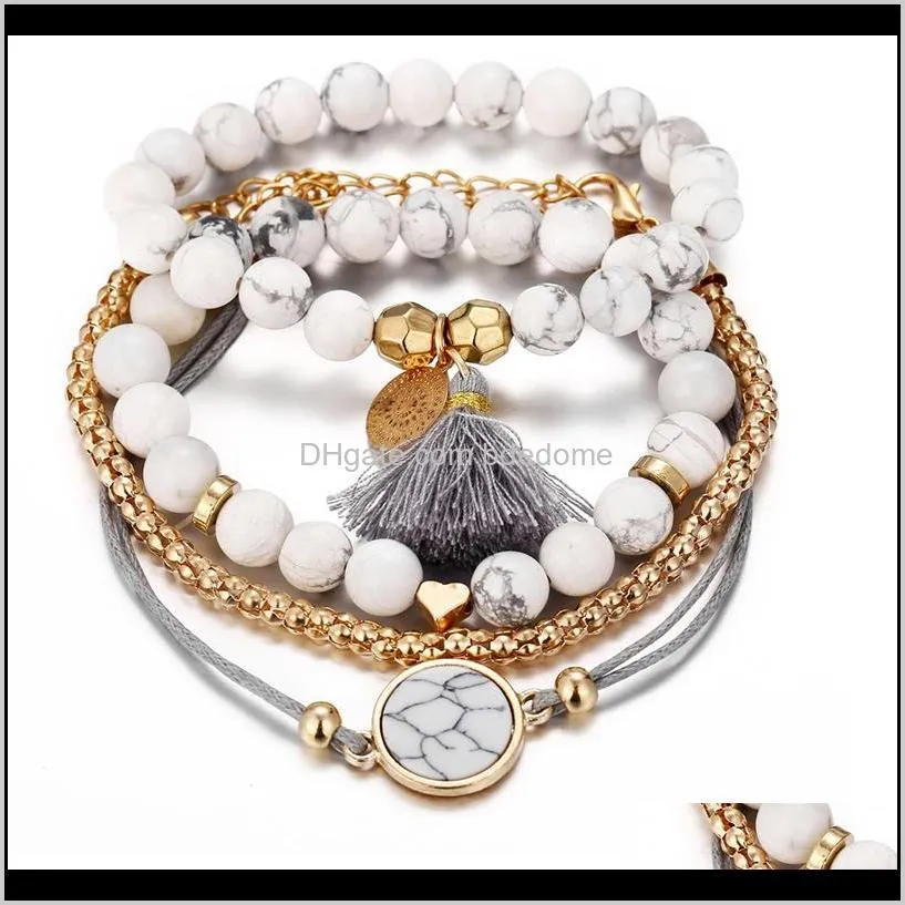 fashion jewelry bracelets set 4pcs/set white stone bead strands gold heart accessory tassel charm rope bracelet with round stone