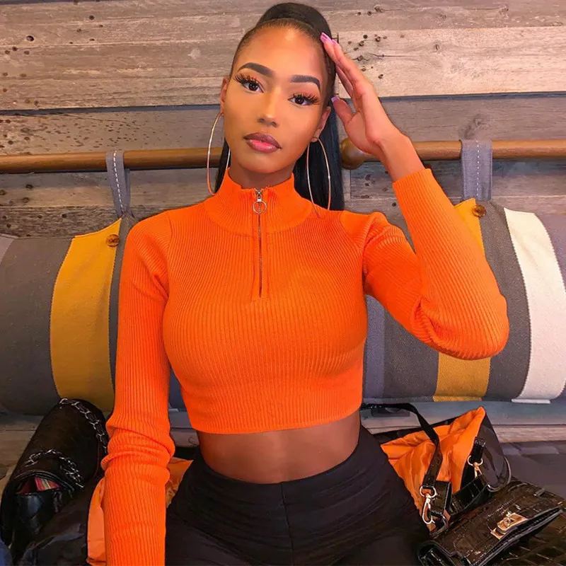 CNYISHE Spring Casual Neon Crop Tops T shirt Women Solid Sexy Fitness Zipper Tees O neck Long Sleeve T Shirts Blusas Female 210419