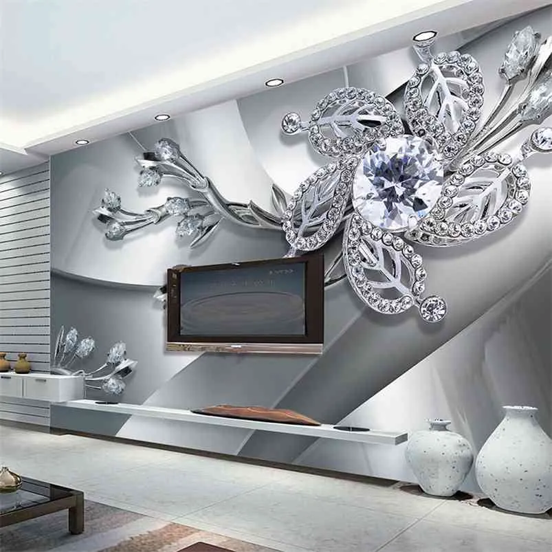 高品質注文の壁の布の壁画モダンなクリエイティブアート3 dダイヤモンドの花柄リビングルームテレビの背景壁紙210722
