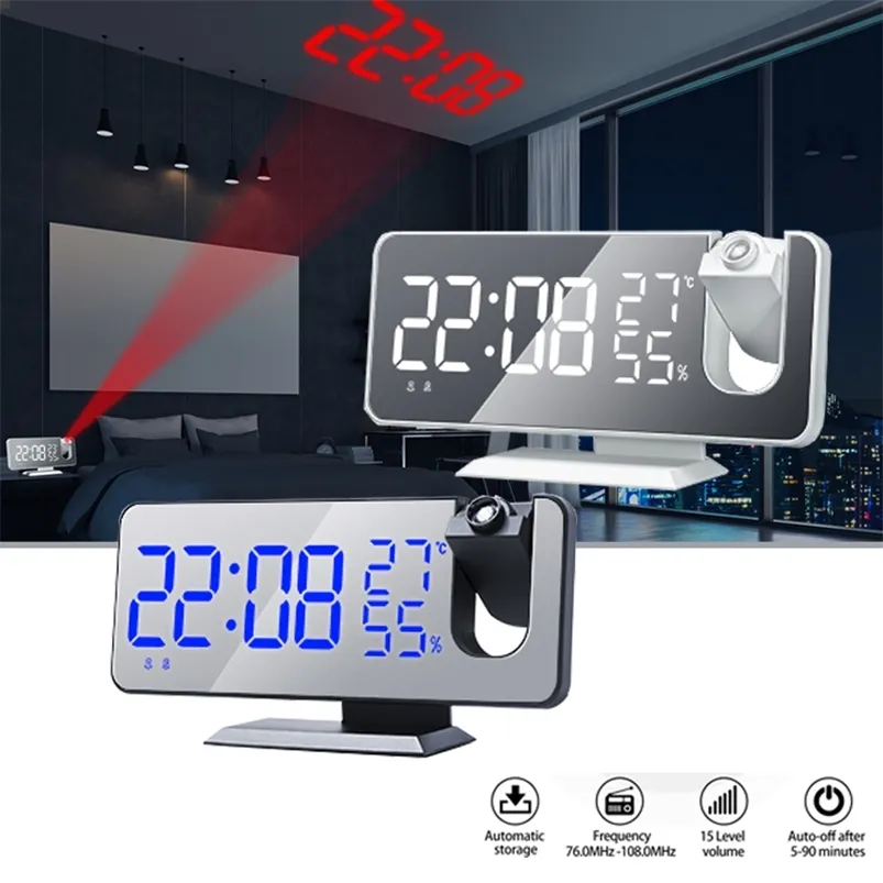 Проекционные будильники Зеркало светодиодные Цифровая температура и влажность Дисплей USB Прикроватный прикроватный электронный с Radio Snooze 210804