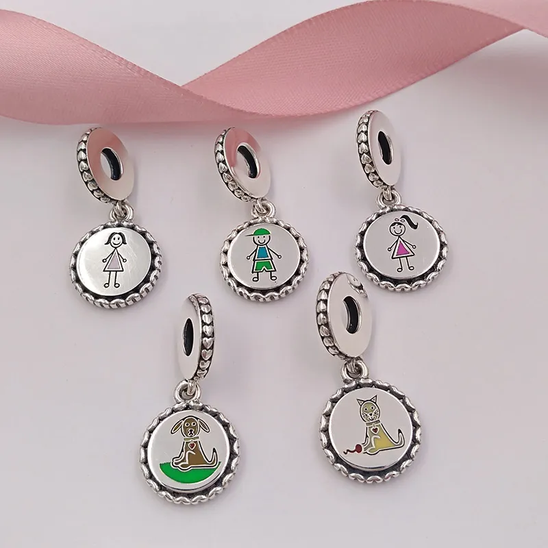 Family Collection 925 Sterling Silver Stick Figuur Charms zijn Mom Boy Girl Dog en Cat Fit European Pandora Style armbanden ketting Annajewel