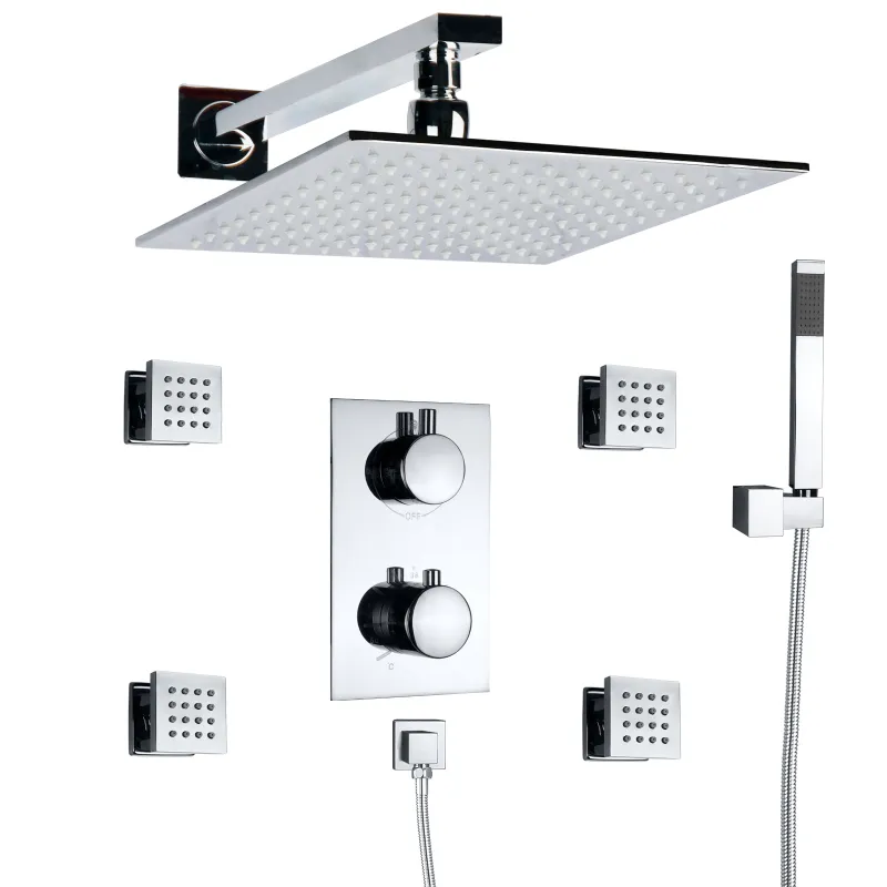 Chrome Polished Shower System 25X25 CM Bathroom Thermostatic In Wall Mounted Rainfall Concealed Shower Set