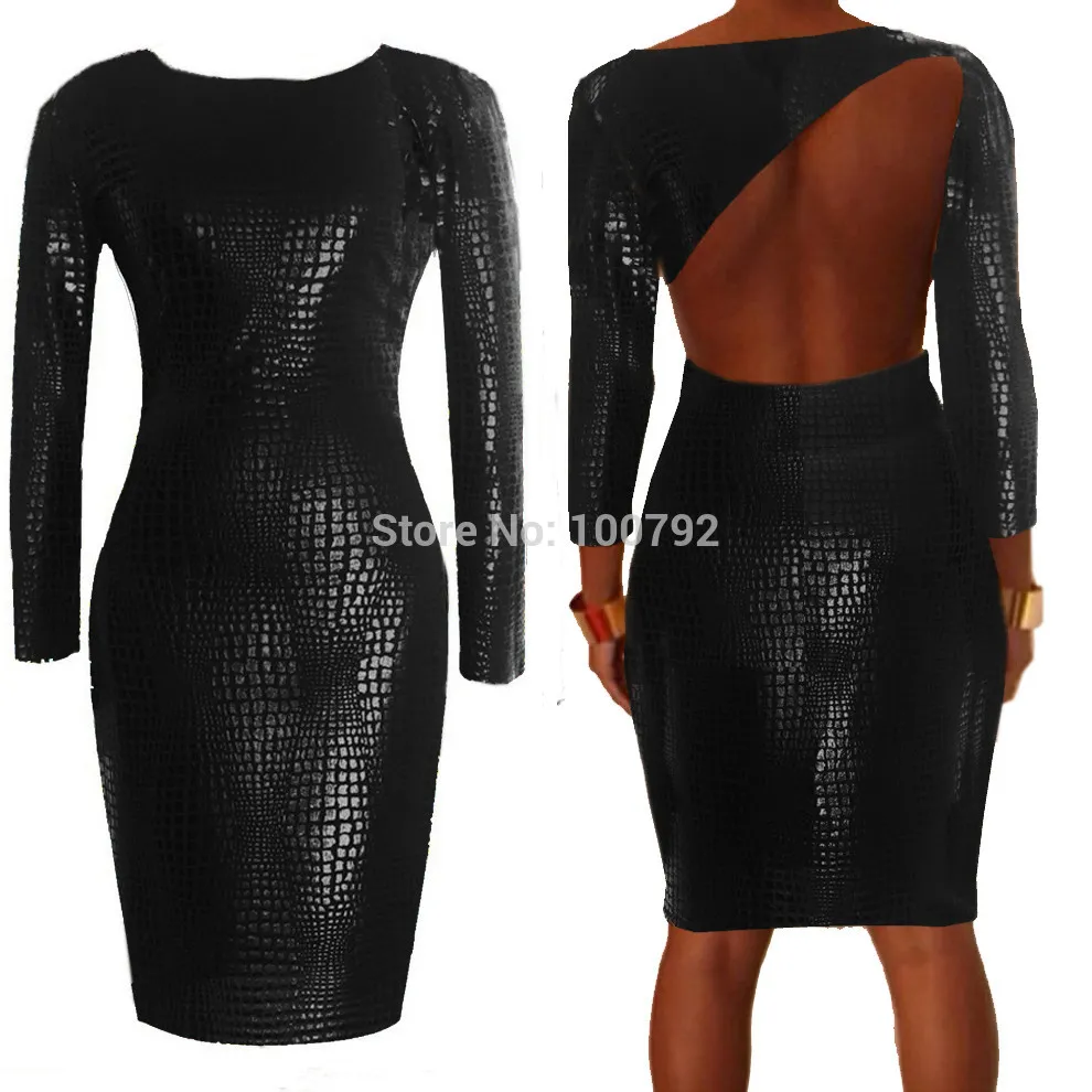 Sexy-Black-Snake-Skin-Faux-Leather-Bandage-Pencil-Dresses-Summer-New-2015-Long-Sleeve-Front-Zipper