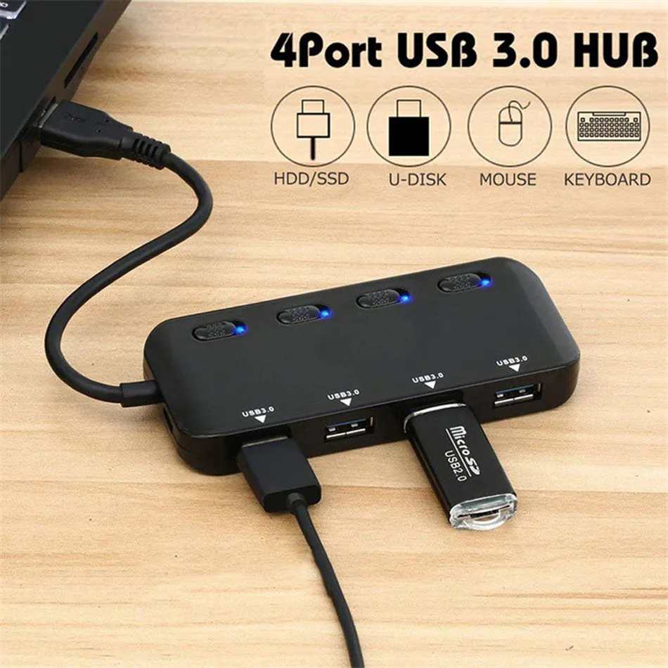 USB 3.0 Hub 4 Portar Snabbhastighet Ultra-tunn USB3.0 Typ C Splitterkabel LED-indikator Separata växlar för PC-tangentbordsdator