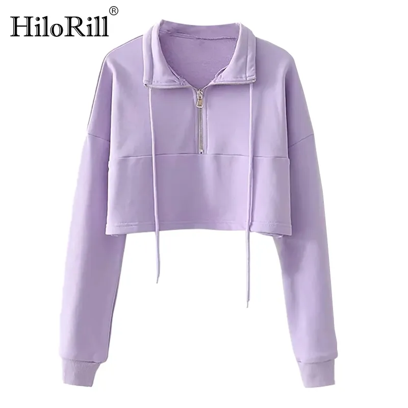 Women Casual Solid Cropped Hoodies Sweatshirts Batwing Sleeve Loose Tops Ladies Zipper Lace Up Short Pullovers 210508