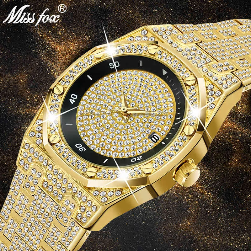 MissFox homens de luxo exclusivo clássico gelo fora diamante real cronógrafo designer relógio de pulso aço inoxidável cinta dropshipping