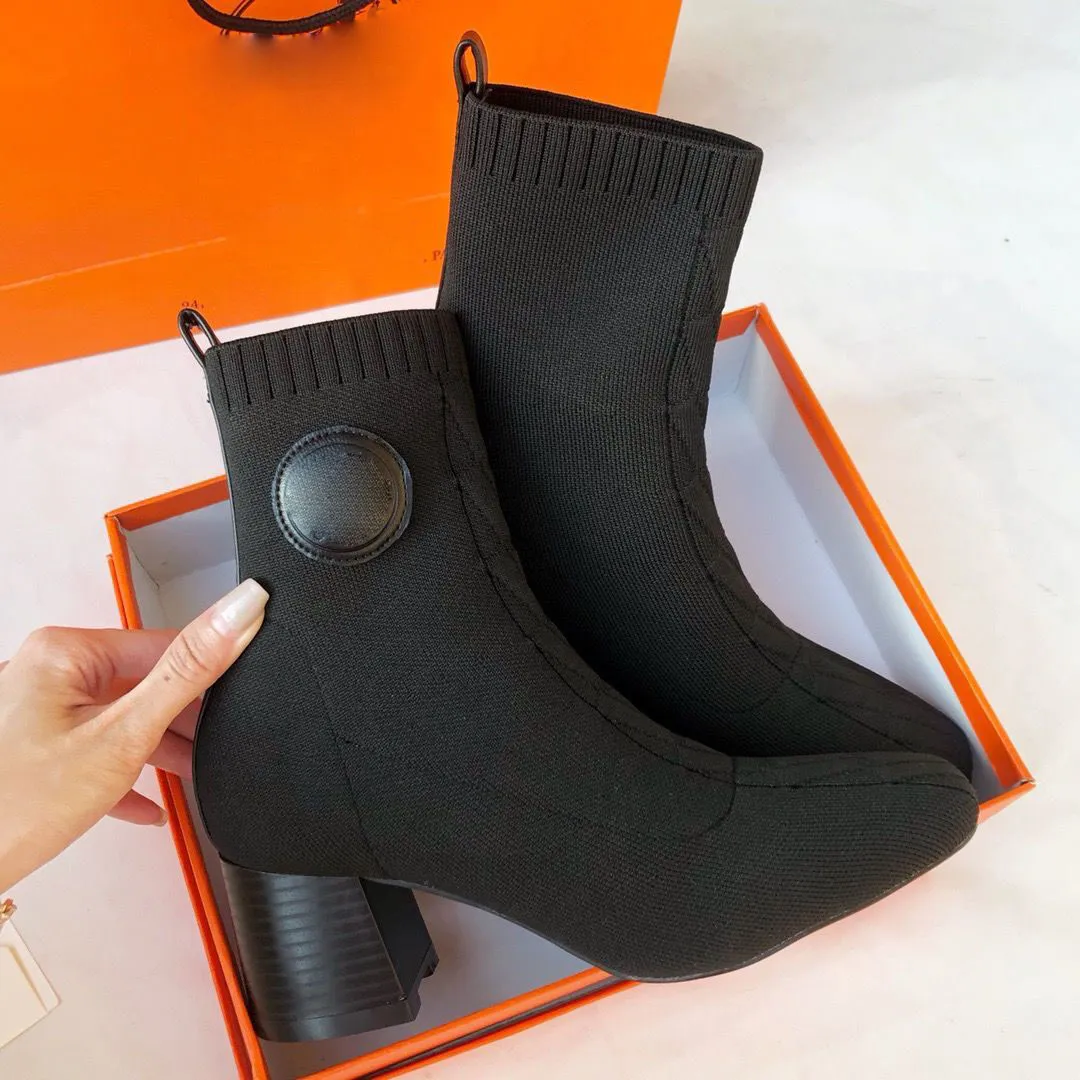 イタリア春秋のファッションVolver Woman Ankle Boots Black Knitting Botas Mujerローヒールソフトレザーレザーマルティンブーツ女性騎士ブーツ