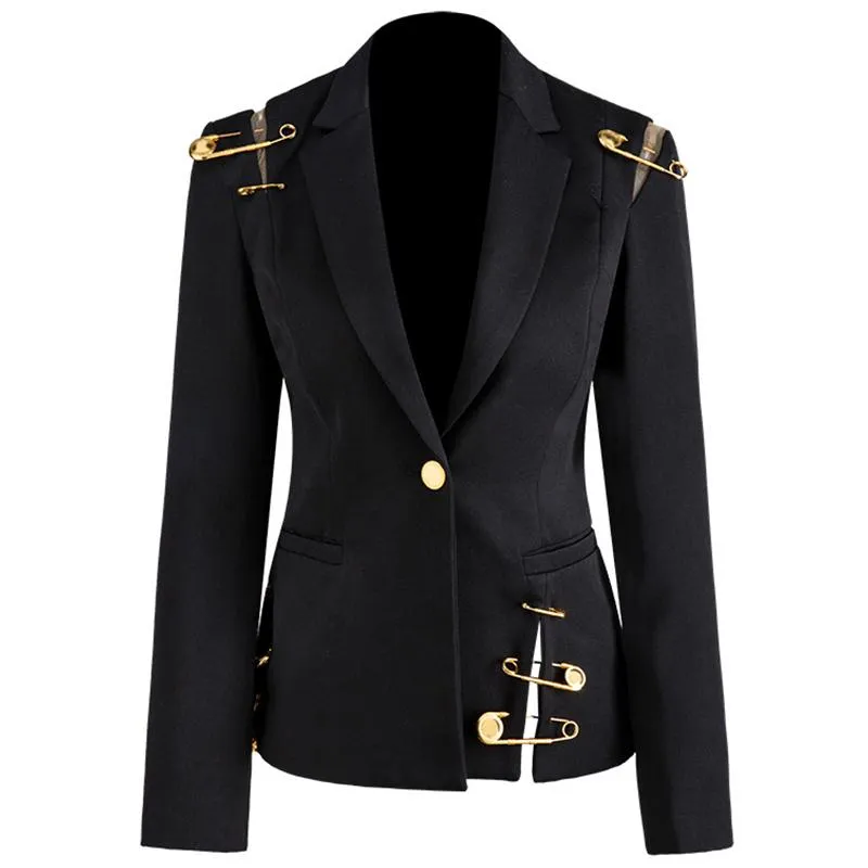 Women Blazer Jacket Pins Deco Hollow Out Slim Single Button High Street Coat 2021 Women's Suits & Blazers