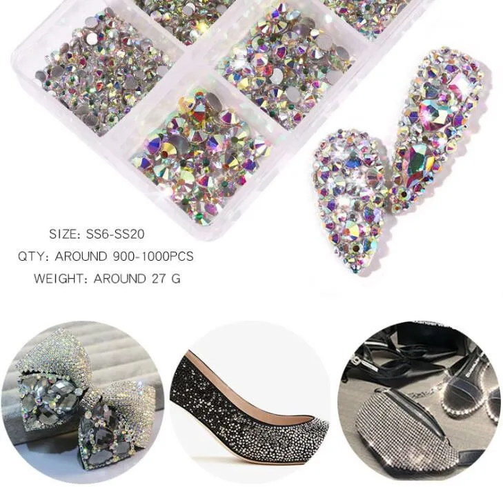 2021 Zeer mooie Nail Art Glitter Decoraties 900-1000pcs / Pack SS6-SS20 Starry AB Rhinestones voor Nagels 3D Platback Glas Strass Non Hotfix Crystal Charm