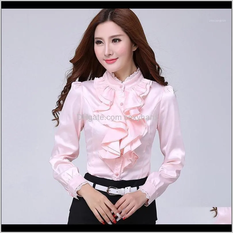 Womens Blouse Shirt Women Fashion Blouses Pink Casual Shirts Elegant Ruffled Collar White Office Female Clothing Spring Tops Plus Size Igmfg