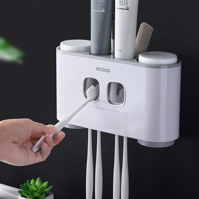 Dispenser automatico di dentifricio Portaspazzolino antipolvere con tazze Mensola a muro Set di accessori per il bagno 210709