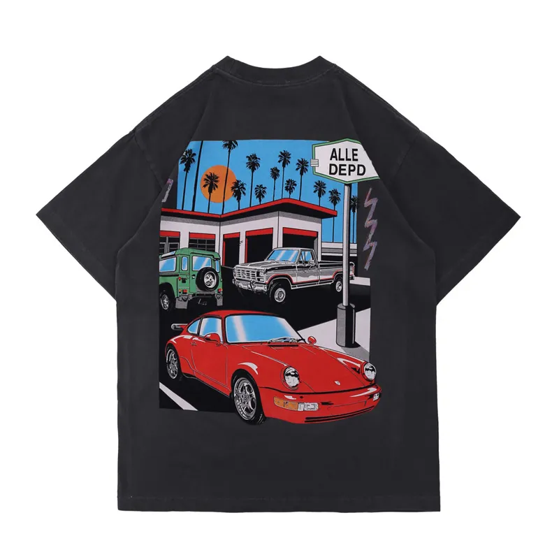 21SS Summer US US Usisex Drive Thru Car T Shirt عتيقة Tee Skatboard Men Women Comfy Street Tshirt Form Form