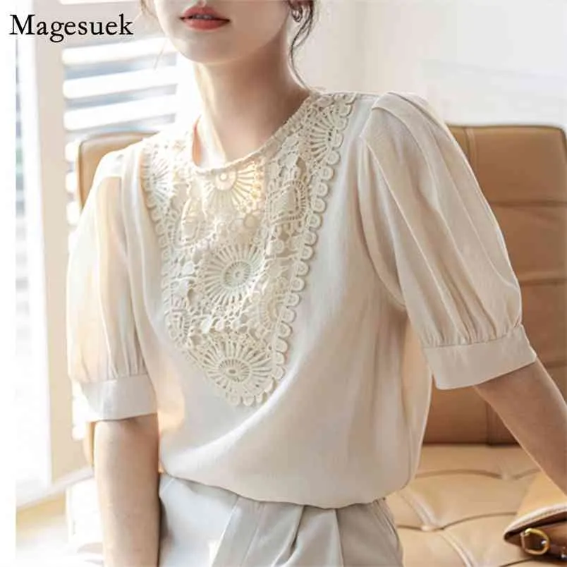 Buff Manve Vintage Crochet Lace Blusas e Camisas Mulheres O Neck Embroidery Solta Camisa Tops Vestuário Verão 13745 210512