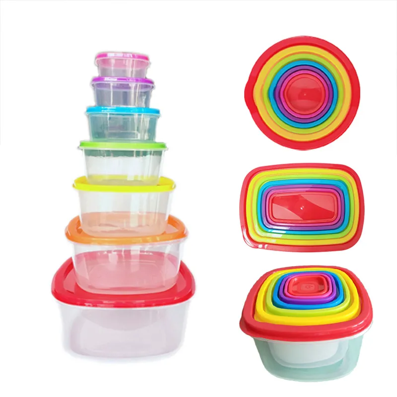 7PCS/set Food Container Plastic Bento Fresh-Keeping Box Fridge Multi Capacity Crisper Rainbow Food Storage Boxes Kitchen Storage w-01315