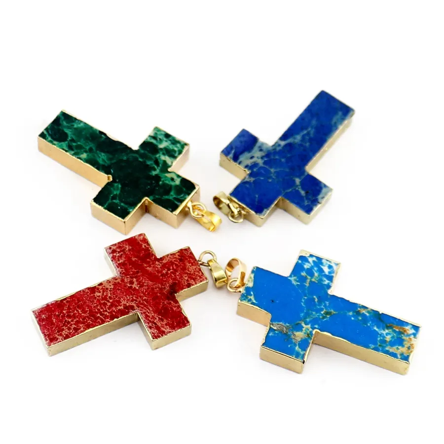 Naturlig monark sten guldpläterade kors hängsmycke halsband kristendomen jesus kors religiösa reiki smycken helande amulett hängande tillbehör grossist