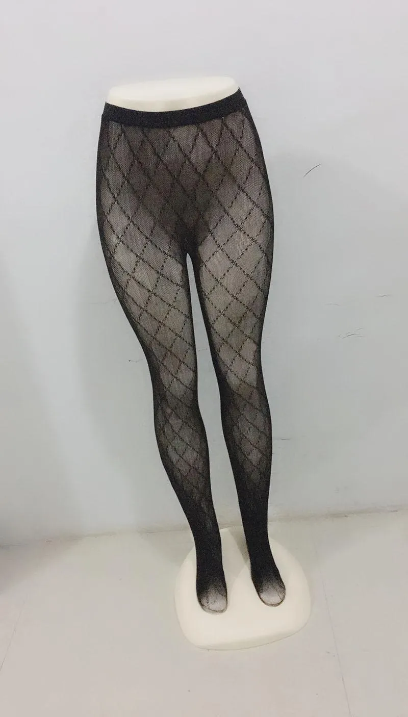 Simple Black Lace Mesh Stockings Hollow Out Pantyhose Sexy Women Tights Hosiery Hot Style Letter Leggings Socks For Women