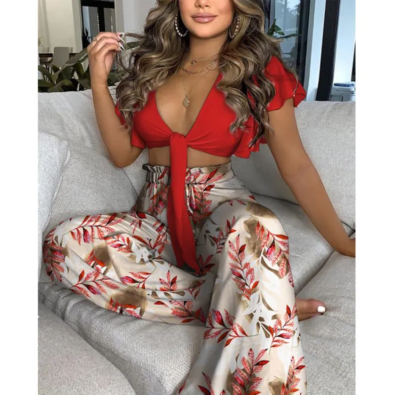 Women's Two Piece Pants 2021 Summer Ruffled Knot Short Sexy Jacket And High Waist Printed Wide Leg Suit.
