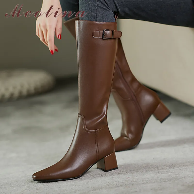 Med Heel Knee High Boots Square Toe Woman Zip Block Shoes Buckle Ladies Long Autumn Winter Brown Black 210517