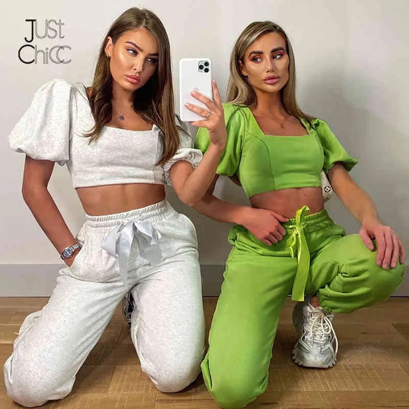Justchicc Solid Casual Two Piece Set Puff Sleeves Crop Top och Elestic Long Pant Summer Set Women Drawstring Tie Bow Outfits x0428