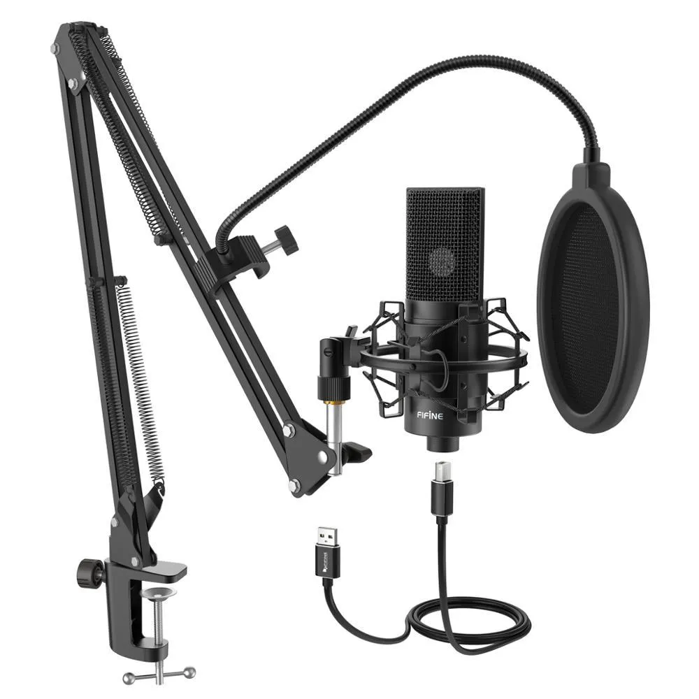 FIFINE USB Condenser PC Microphone with Adjustable desktop mic arm &shock mount Studio Recording YouTube Vocals Voice