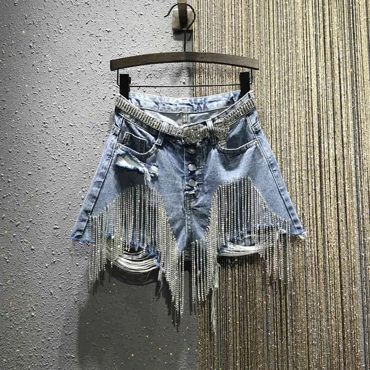 Europa Stijl Zomer Dames Beaded Diamond Tassel Denim Shorts Gaten Jeans Mode Meisjes Dames All-match Broek A3548 210428