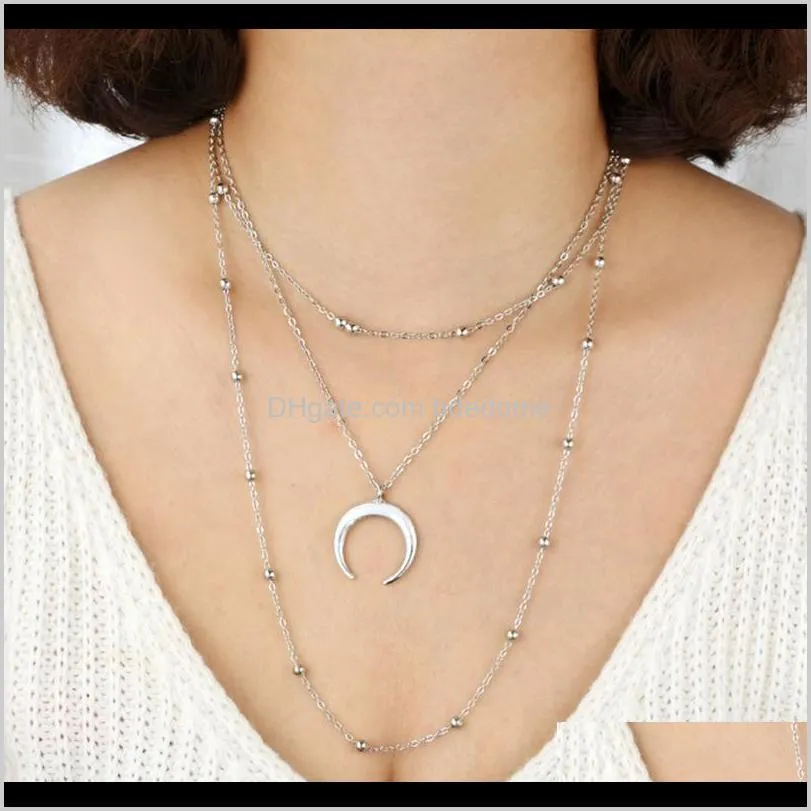 three layers necklace metal bead charm chain choker moon ox horn pendant silver gold color plated for women sexy gift