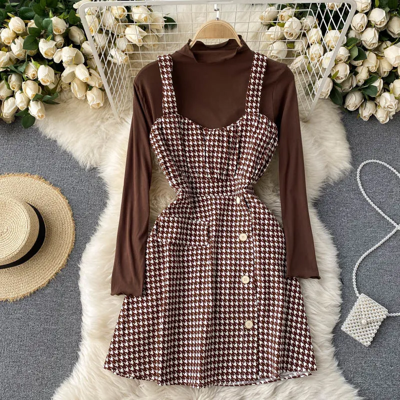 SINGREINY Mujeres Houndstooth Correa Vestido Otoño Invierno O Cuello Manga larga Tops Coreano Casual Botón Vestido de dos piezas 210419