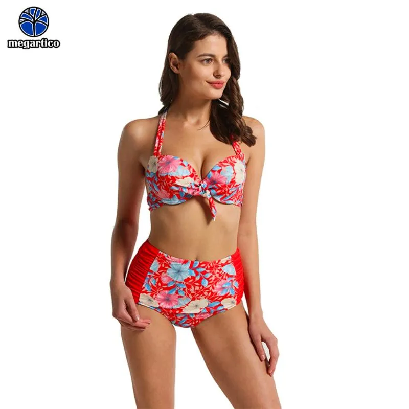 Women's Swimwear Megartico Brazilian Bikini Red Floral Print Push Up Bandeau 2021 Mujer Halter High Waist Womens Bathing Suits Beachwear